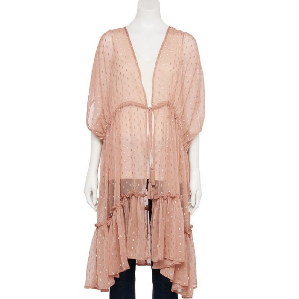 LC Lauren Conrad Sheer Mauve Ruffle Bottom Kimono with Silver Accents